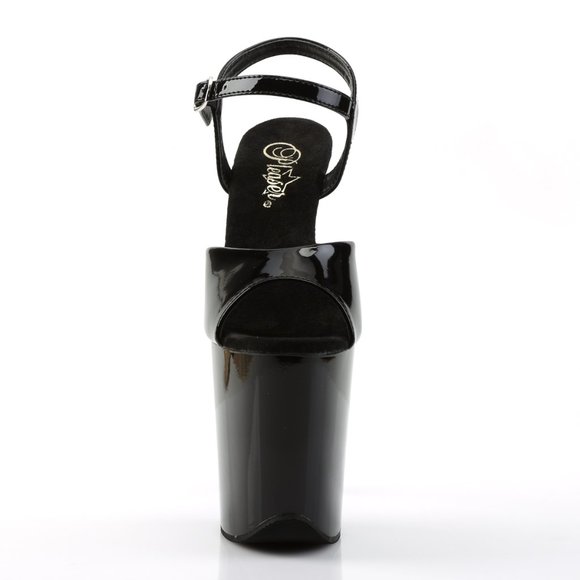 Pleaser Flamingo-809 Black Patent Platform Sandals 8 Inch Heels With Ankle Strap - Picture 2 of 5